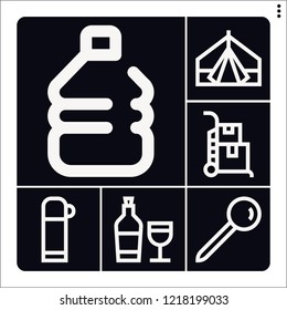 Set of 6 empty outline icons such as plastic, trolley, wine glass, pin, thermo