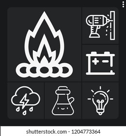 Set of 6 energy outline icons such as accumulator, drill, idea, thunderstorm, oil