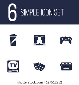 Set Of 6 Entertainment Icons Set.Collection Of Television, Joystick, Curtain And Other Elements.