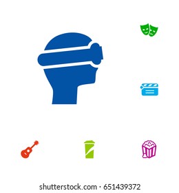 Set Of 6 Entertainment Icons Set.Collection Of Action, Beverage, Snack And Other Elements.