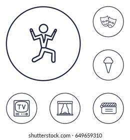 Set Of 6 Entertainment Outline Icons Set.Collection Of Dancing Man, Ice Cream, Clapperboard And Other Elements.
