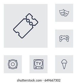 Set Of 6 Entertainment Outline Icons Set.Collection Of Masks, Ticket, Tv Set And Other Elements.