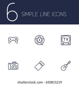 Set Of 6 Entertainment Outline Icons Set.Collection Of Film Role, Guitar, Game Controller And Other Elements.