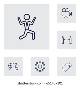 Set Of 6 Entertainment Outline Icons Set.Collection Of Game Controller, Ticket, Speaker And Other Elements.