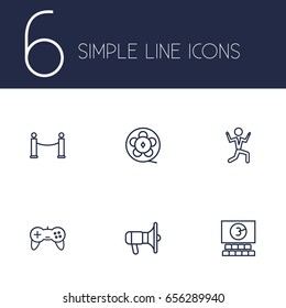 Set Of 6 Entertainment Outline Icons Set.Collection Of Film Role, Bullhorn, Game Controller And Other Elements.