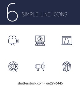 Set Of 6 Entertainment Outline Icons Set.Collection Of Theater, Popcorn, Bullhorn And Other Elements.