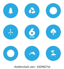 Set Of 6 Environment Icons Set.Collection Of Isle Beach, Tree, Wind Energy And Other Elements.