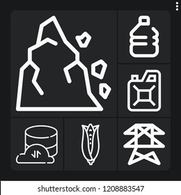 Set of 6 environment outline icons such as plastic, power line, corn, landslide, fuel