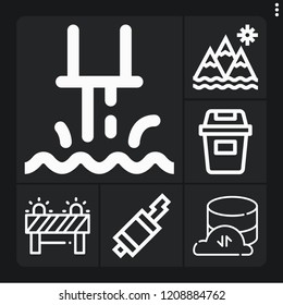 Set of 6 environment outline icons such as industry, exhaust pipe, barrier, bin, mountains