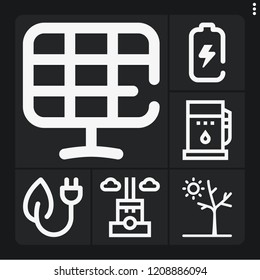 Set of 6 environment outline icons such as battery, green energy, solar panels, fuel, drought