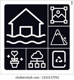 Set of 6 environment outline icons such as recycling, flood, landslide, image, plant