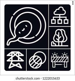 Set of 6 environment outline icons such as power line, barrier, transparency, tree, cloud