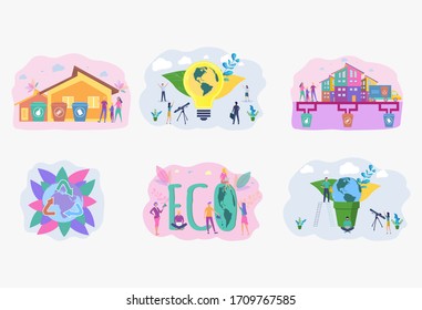 Set of 6 environmental protection illustration. Save the planet. Ocean pollution, global warming, forest fires, floods, deforestation, carbon monoxide air pollution. Ecology.Colorful vector 