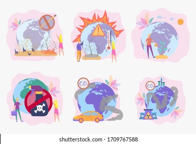 Set of 6 environmental protection illustration. Save the planet. Ocean pollution, global warming, forest fires, floods, deforestation, carbon monoxide air pollution. Ecology.Colorful vector 