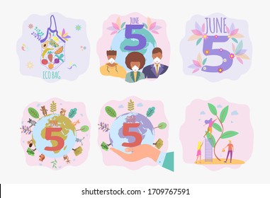 Set of 6 environmental protection illustration. Save the planet. Ocean pollution, global warming, forest fires, floods, deforestation, carbon monoxide air pollution. Ecology.Colorful vector 