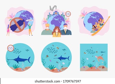 Set of 6 environmental protection illustration. Save the planet. Ocean pollution, global warming, forest fires, floods, deforestation, carbon monoxide air pollution. Ecology.Colorful vector 