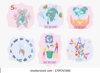 Set of 6 environmental protection illustration. Save the planet. Ocean pollution, global warming, forest fires, floods, deforestation, carbon monoxide air pollution. Ecology.Colorful vector 