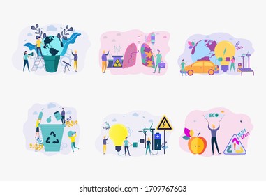 Set of 6 environmental protection illustration. Save the planet. Ocean pollution, global warming, forest fires, floods, deforestation, carbon monoxide air pollution. Ecology.Colorful vector 