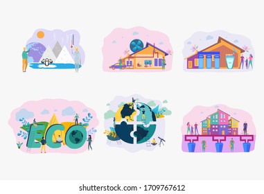 Set of 6 environmental protection illustration. Save the planet. Ocean pollution, global warming, forest fires, floods, deforestation, carbon monoxide air pollution. Ecology.Colorful vector 