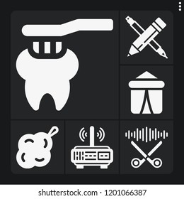 Set of 6 equipment filled icons such as tent, scissors, pencil, router, sponge