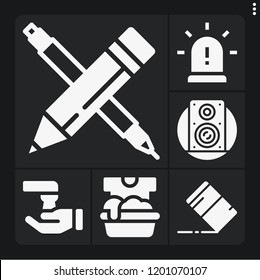 Set of 6 equipment filled icons such as speaker, pencil, eraser, siren, soak
