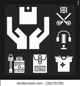 Set of 6 equipment filled icons such as film reel, microphone, dossier, glue, clean