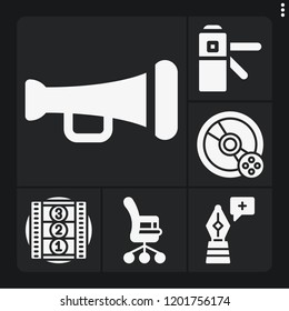 Set of 6 equipment filled icons such as trumpet, film reel, compact disc, pen, office chair