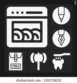 Set Of 6 Equipment Filled Icons Such As Ax, Crayon, Dossier, Pen, Dishwasher