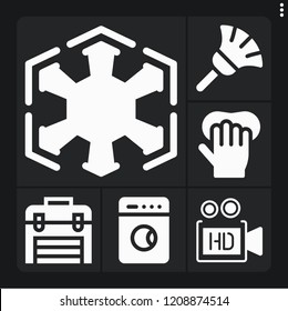 Set of 6 equipment filled icons such as video camera, gloves, washing machine, duster, sith