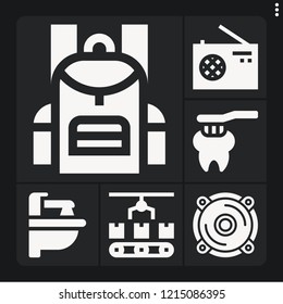 Set of 6 equipment filled icons such as speaker, conveyor, toothbrush, sink, backpack