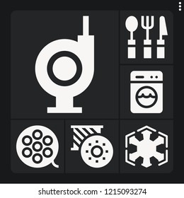 Set of 6 equipment filled icons such as sith, cutlery, film reel, washing, bobbin