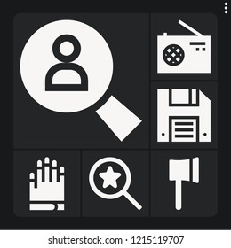 Set of 6 equipment filled icons such as ax, search, gloves, diskette