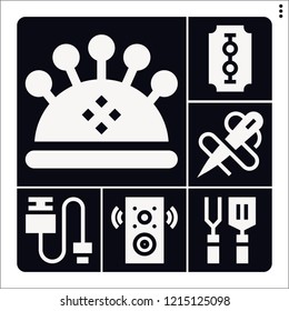 Set of 6 equipment filled icons such as spatula, pin cushion, blade, needle, usb cable