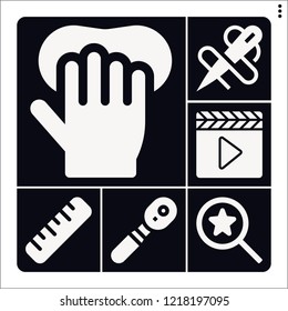 Set of 6 equipment filled icons such as clapperboard, gloves, search, ruler, needle