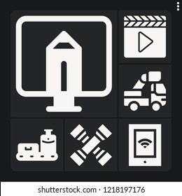 Set of 6 equipment filled icons such as clapperboard, car repair, conveyor, monitor, cross wrench