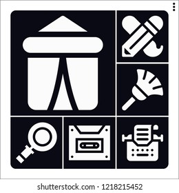 Set of 6 equipment filled icons such as tent, duster, tools, zoom, cassette