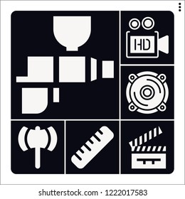 Set of 6 equipment filled icons such as ax, speaker, video camera, ruler, clapperboard