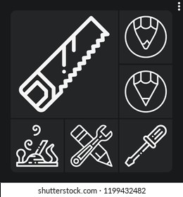 Set of 6 equipment outline icons such as saw, screwdriver, carpentry, pencil