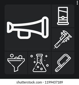 Set of 6 equipment outline icons such as guillotine, flask, caliper, saw, trumpet