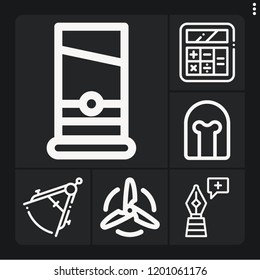 Set of 6 equipment outline icons such as helmet, guillotine, compass, calculator, turbine