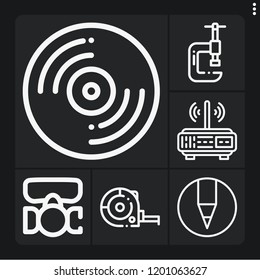 Set of 6 equipment outline icons such as respirator, record, ruler, clamp, router