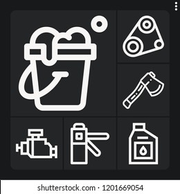 Set of 6 equipment outline icons such as axe, access, timing belt, oil, motor