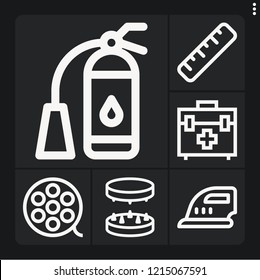 Set of 6 equipment outline icons such as ironing, grinder, ruler, film reel, fire extinguisher