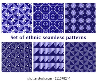 Set of 6 ethnic geometric seamless patterns in bright blue colors. Vector illustration in eps8 format.