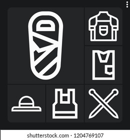 Set of 6 fabric outline icons such as apron, sleeping bag, shirt, knitting neddles, tank top