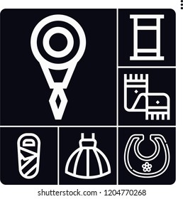 Set of 6 fabric outline icons such as scarf, sleeping bag, bed, bib, dress