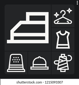 Set of 6 fabric outline icons such as hanger, iron, thread, dress, hat