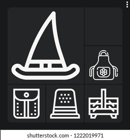 Set of 6 fabric outline icons such as witch hat, bed, apron, sewing box, pocket