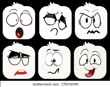 A set of 6 faces, emoji on black background