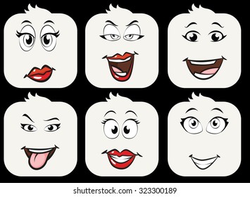 A set of 6 faces, emoji on black background